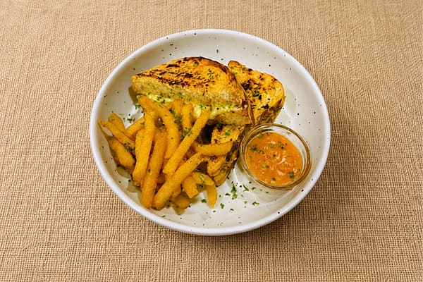 Grilled cheese sandwich on homemade bread with fries, Colombo delivery, Vinya Garden